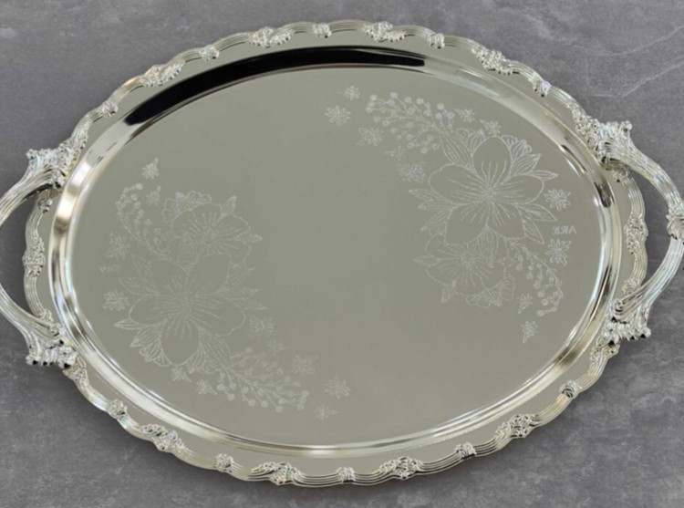 ست سینی پذیرایی استیل دو تیکە بیضی گل برند کد 24001 Zew Home