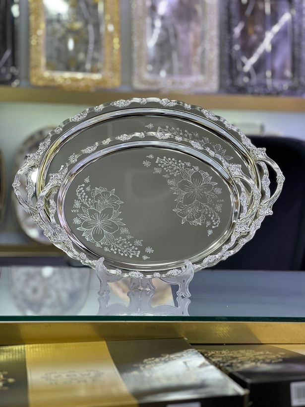 ست سینی پذیرایی استیل دو تیکە بیضی گل برند کد 24001 Zew Home