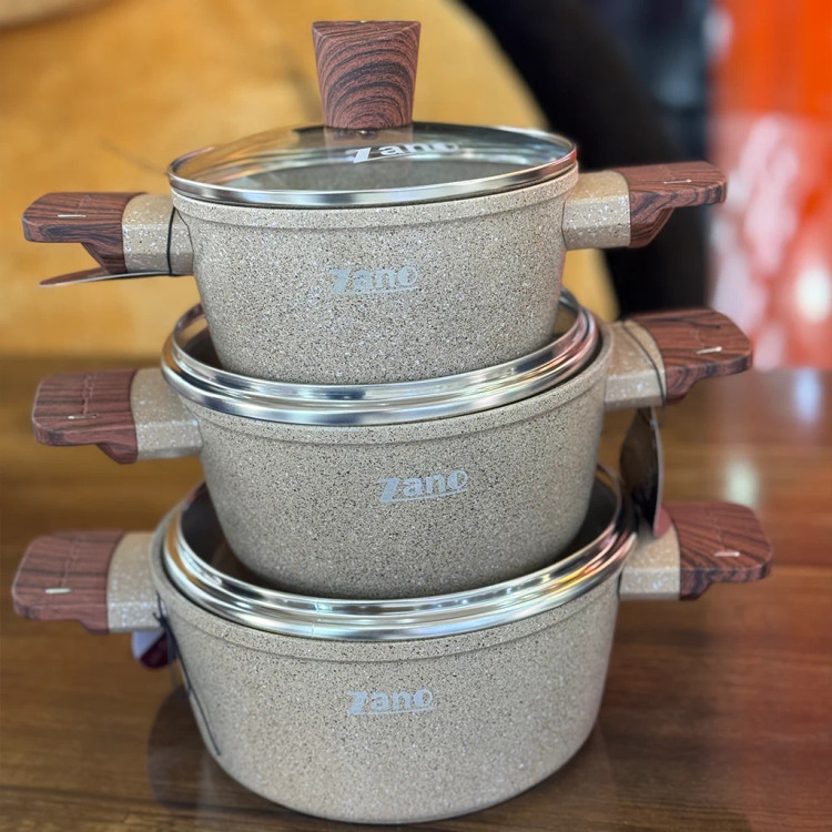 سرویس قابلمه جدید و شیک دمدستی گرانیتی 6 پارچه ZANO دسته چوبی 6-piece ZANO pot set with wooden handles