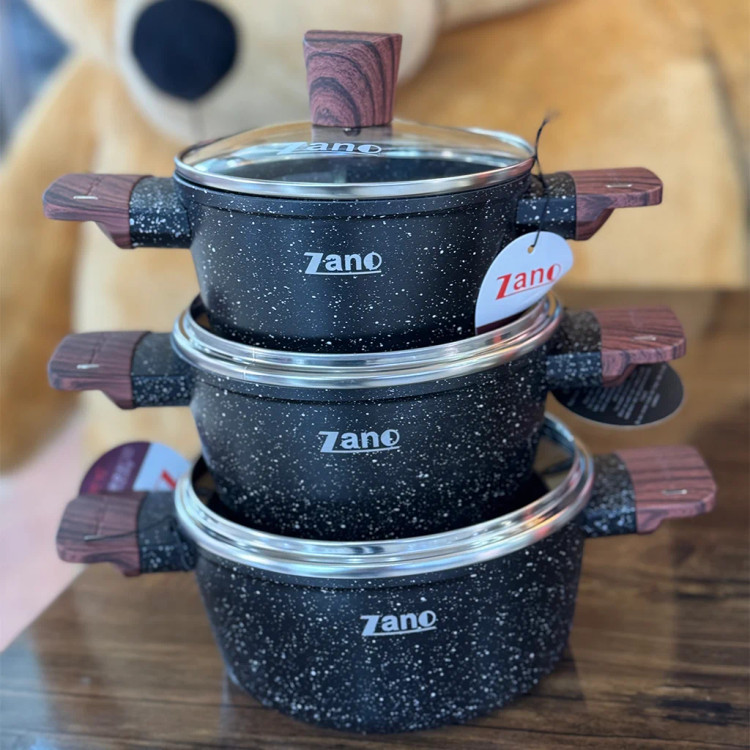 سرویس قابلمه جدید و شیک دمدستی گرانیتی 6 پارچه ZANO دسته چوبی 6-piece ZANO pot set with wooden handles