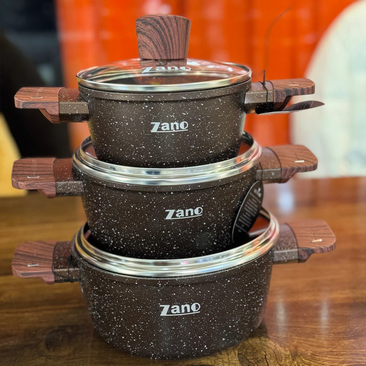 سرویس قابلمه جدید و شیک دمدستی گرانیتی 6 پارچه ZANO دسته چوبی 6-piece ZANO pot set with wooden handles