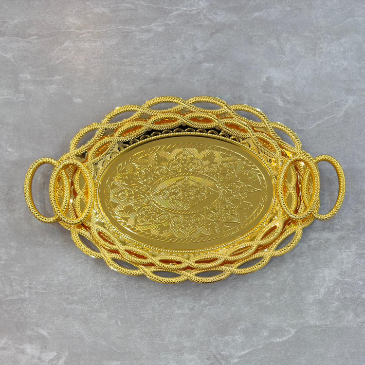 سینی پذیرایی جدیدترین و شیک ومجلسی عروس بیضی کف برجسته دوتیکه استیل زیو هوم zew home 18101