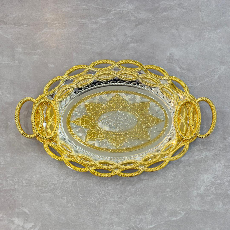 سینی پذیرایی جدیدترین و شیک ومجلسی عروس بیضی کف برجسته دوتیکه استیل زیو هوم zew home 18101