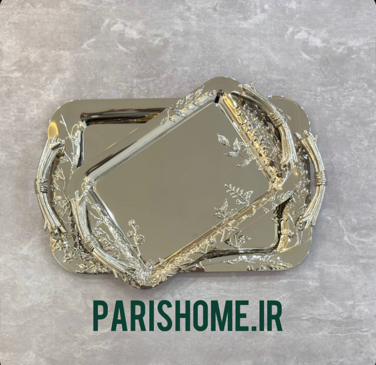 سینی پذیرایی جدید و شیک مجلسی دو تیکه استیل طرح برگ خاص zew home 104s
