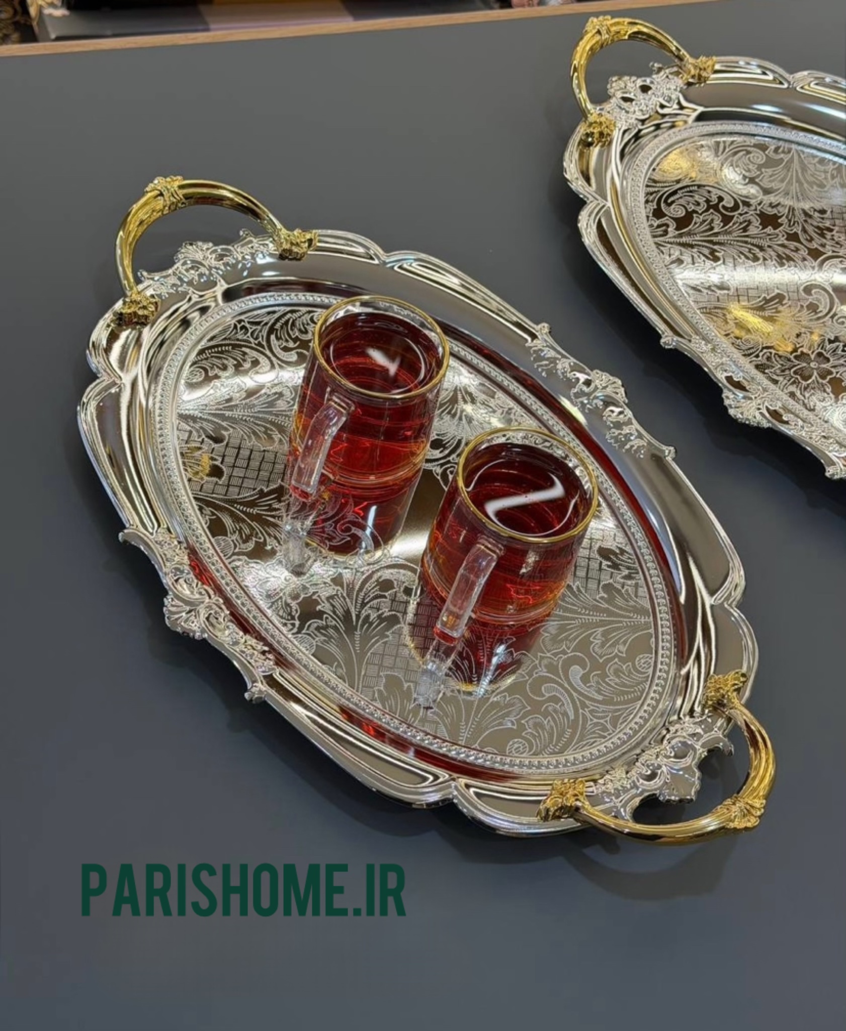 سینی پذیرایی  بیضی شاهانه دستە طلایی  دو تیکه برند زیو هوم 115sg  Zew Home