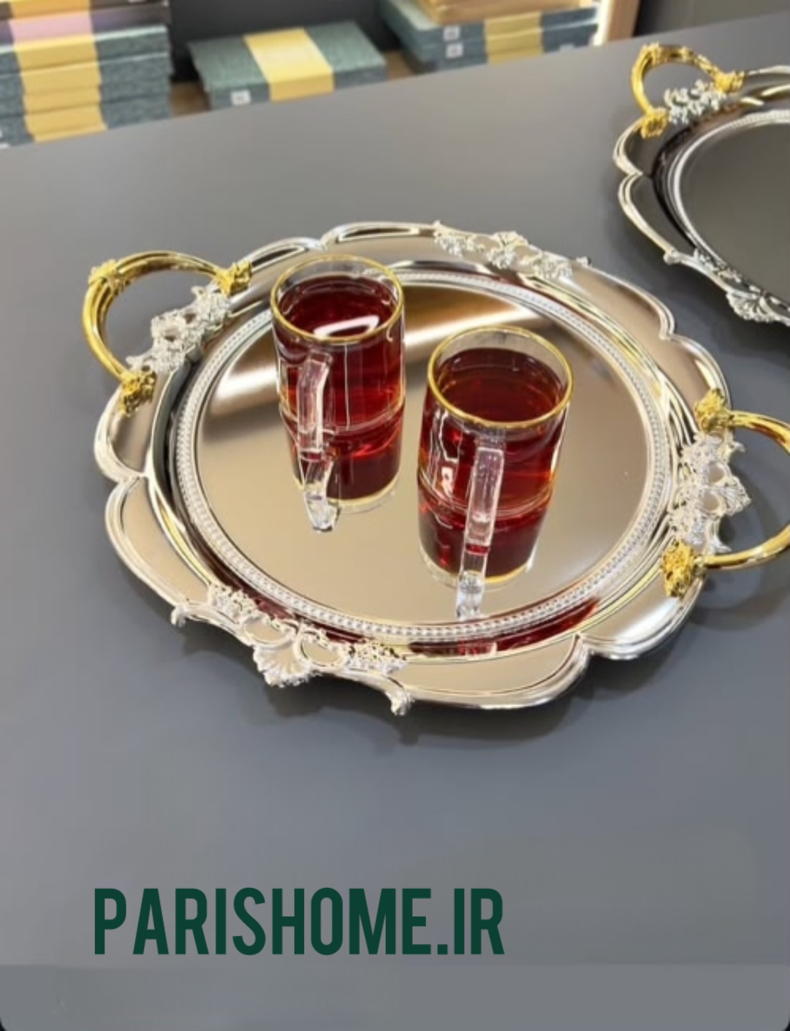 ست سینی پذیرایی جدید و شیک عروس دایرە اصیل جنس استیل دو تیکه  طرح رومی برند کد : 113Zew Home